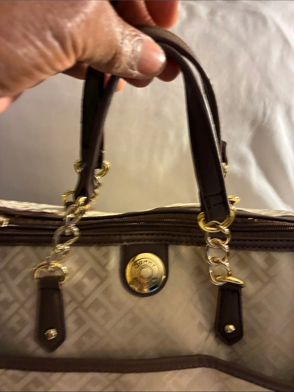 Tommy Hilfiger monogram jacquard satchel, excellent like new condition, gold